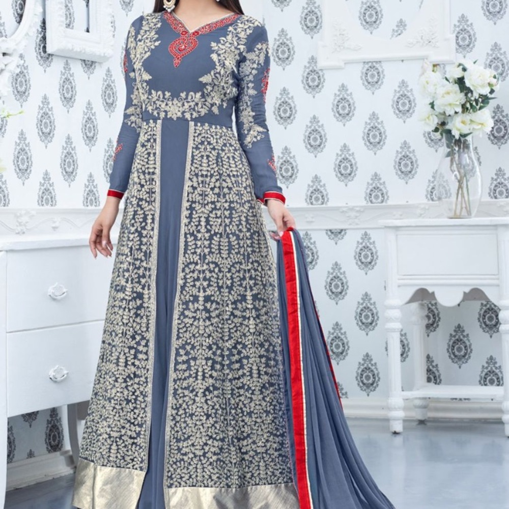 NWOT Steel Blue Gray and Red Embroidered Womens Gown Salwar Kameez Small 34